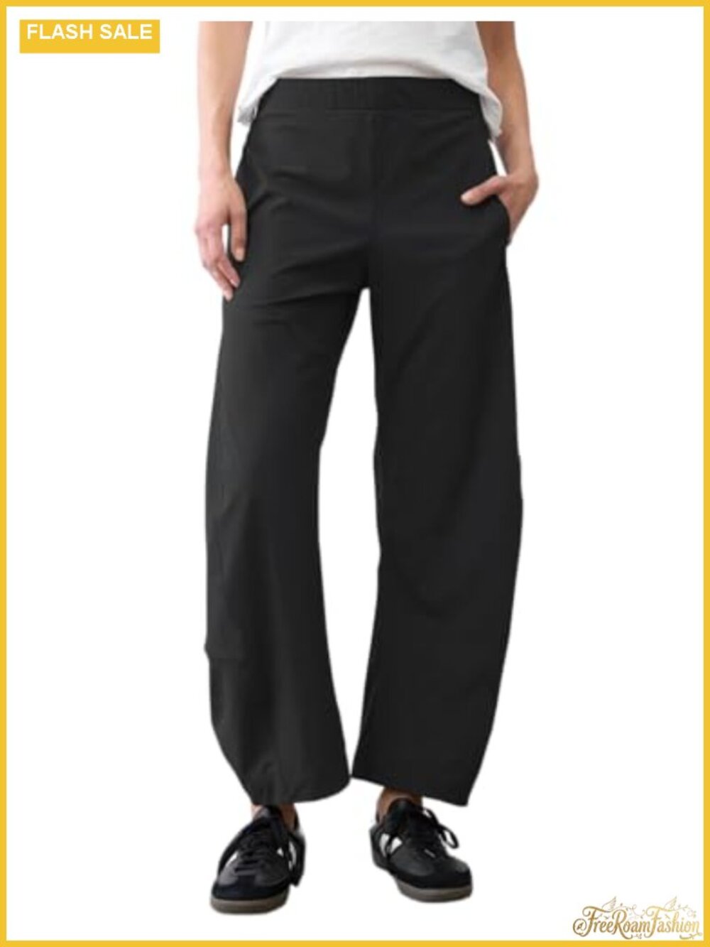Women's Barrel Ankle Pants, Wide Leg Pull-On Work Pants with Pockets